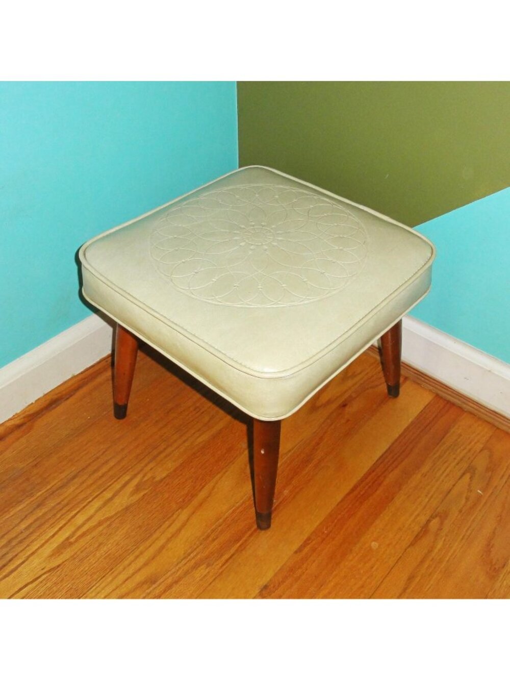 Vintage Crawford Cream Vinyl Footstool Embossed pattern tapered legs mcm